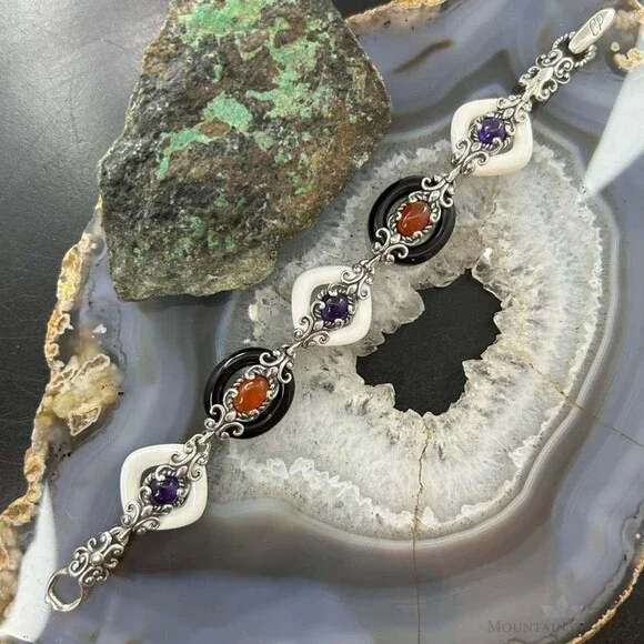 Carolyn Pollack Sterling Silver White & Black Agate Link Bracelet For Women